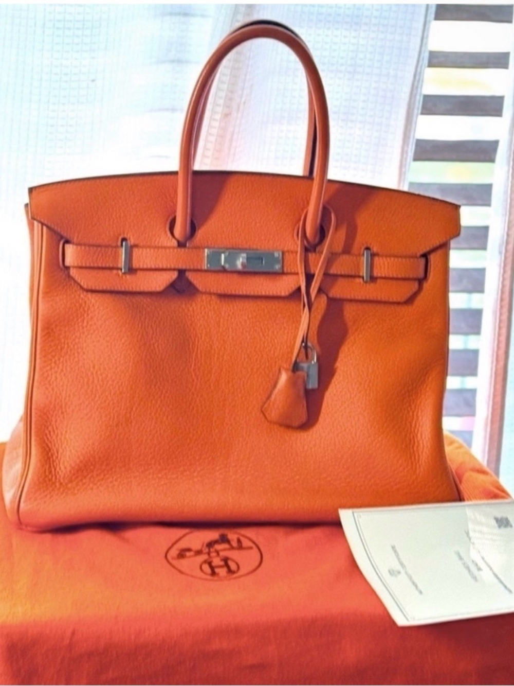Hermes Orange Leather Birkin-Style Shoulder Bag